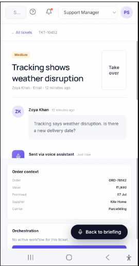 A voice command doesn't just narrate — it writes to the same ticket record the UI uses.